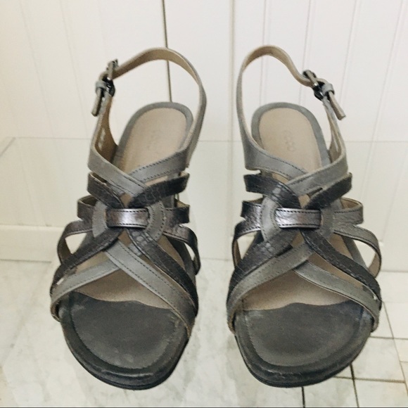 Ecco Touch 45 Grey Leather Wedge Heels Sandals - Picture 5 of 14